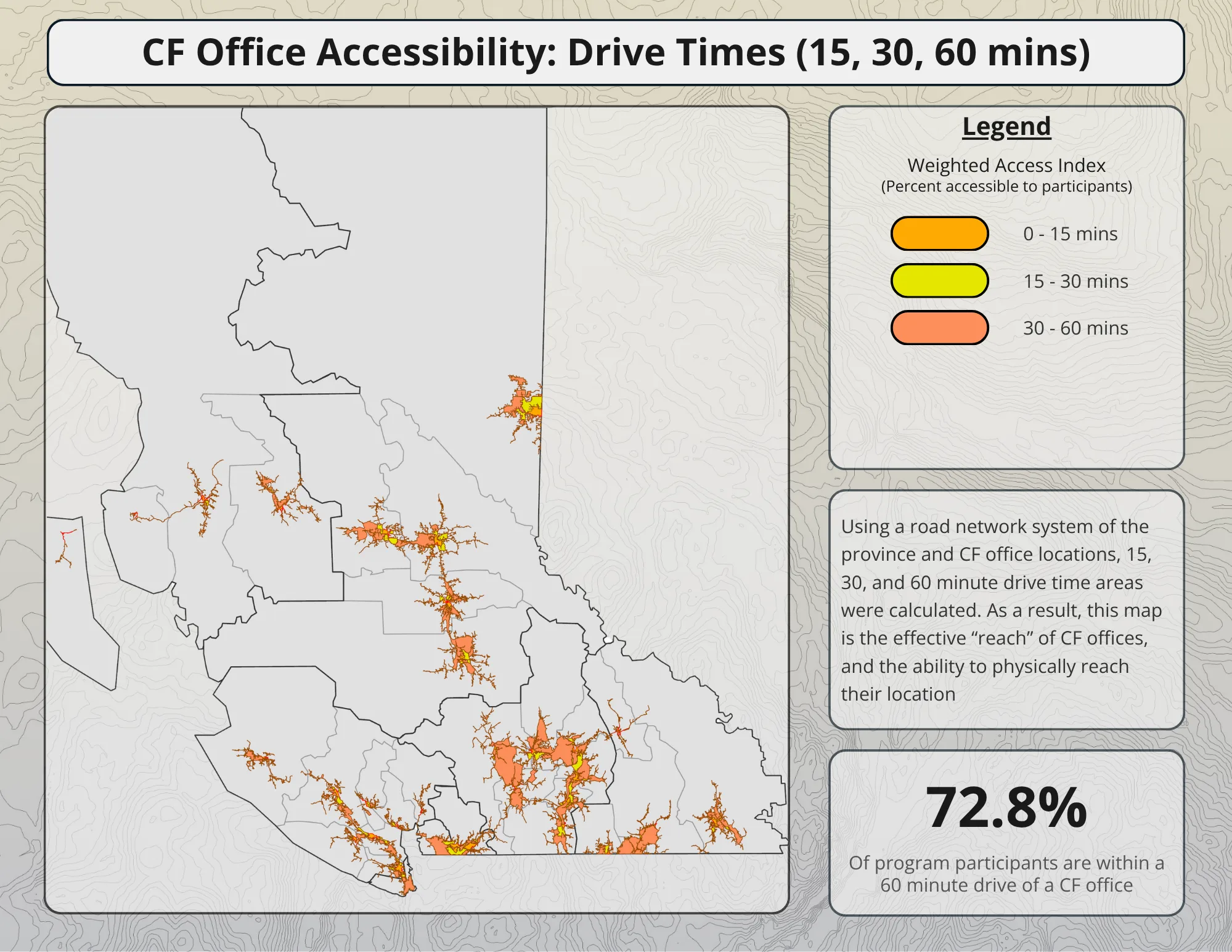 Community Futures office accessibility map showing 15, 30, and 60 minute drive-time coverage across British Columbia