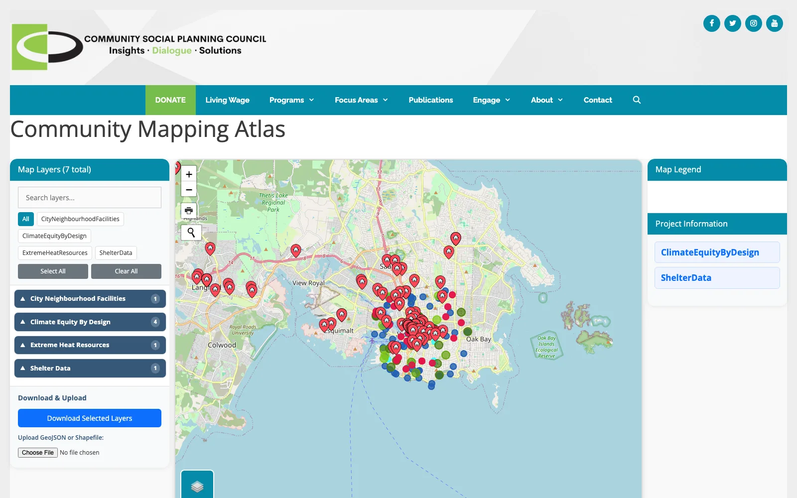 Community Mapping Atlas Leaflet map with clustered facility, climate, and shelter data layers