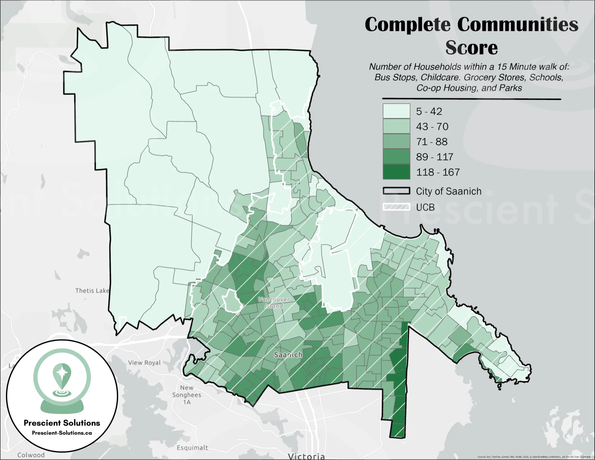Complete Communities Score composite map of the Saanich region showing household walkability scores by neighbourhood