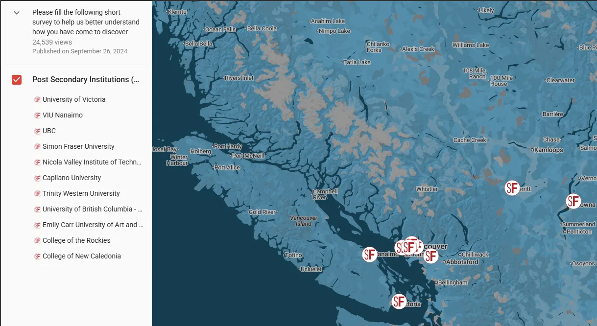 Map of British Columbia showing STEPS Forward partner post-secondary institutions