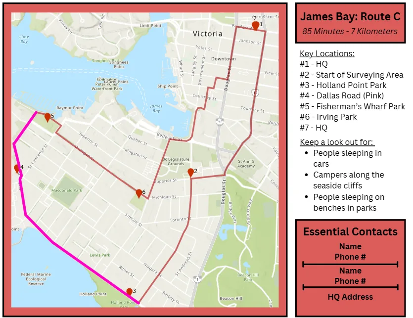 James Bay Point in Time Count route map with seven key locations and volunteer instructions