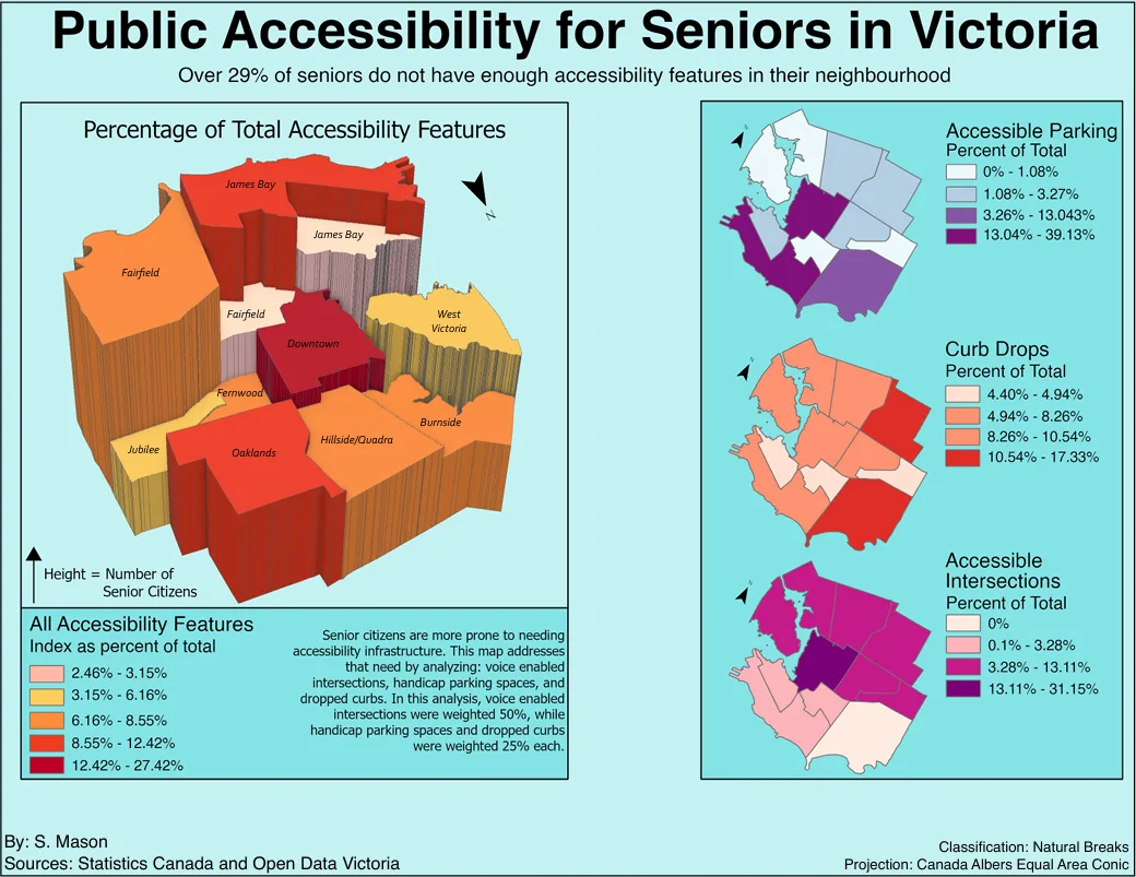 3D extruded choropleth map of Victoria neighbourhoods by percentage of total accessibility features, with breakdowns for accessible parking, curb drops, and accessible intersections