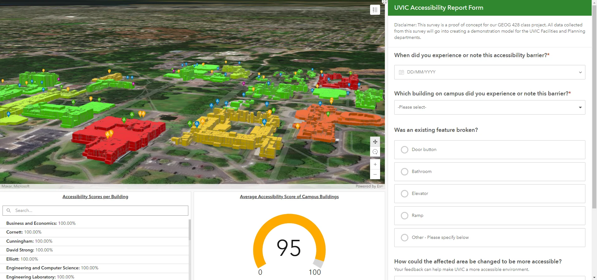 3D UVIC campus digital twin with buildings colour-coded by accessibility score, alongside a report form and score gauge
